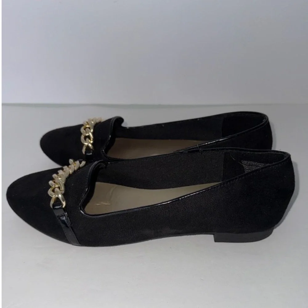 VTG Payless Women Black Faux Suede/Gold Chain Loafers 7.5 Y2K Preppy Career Goth